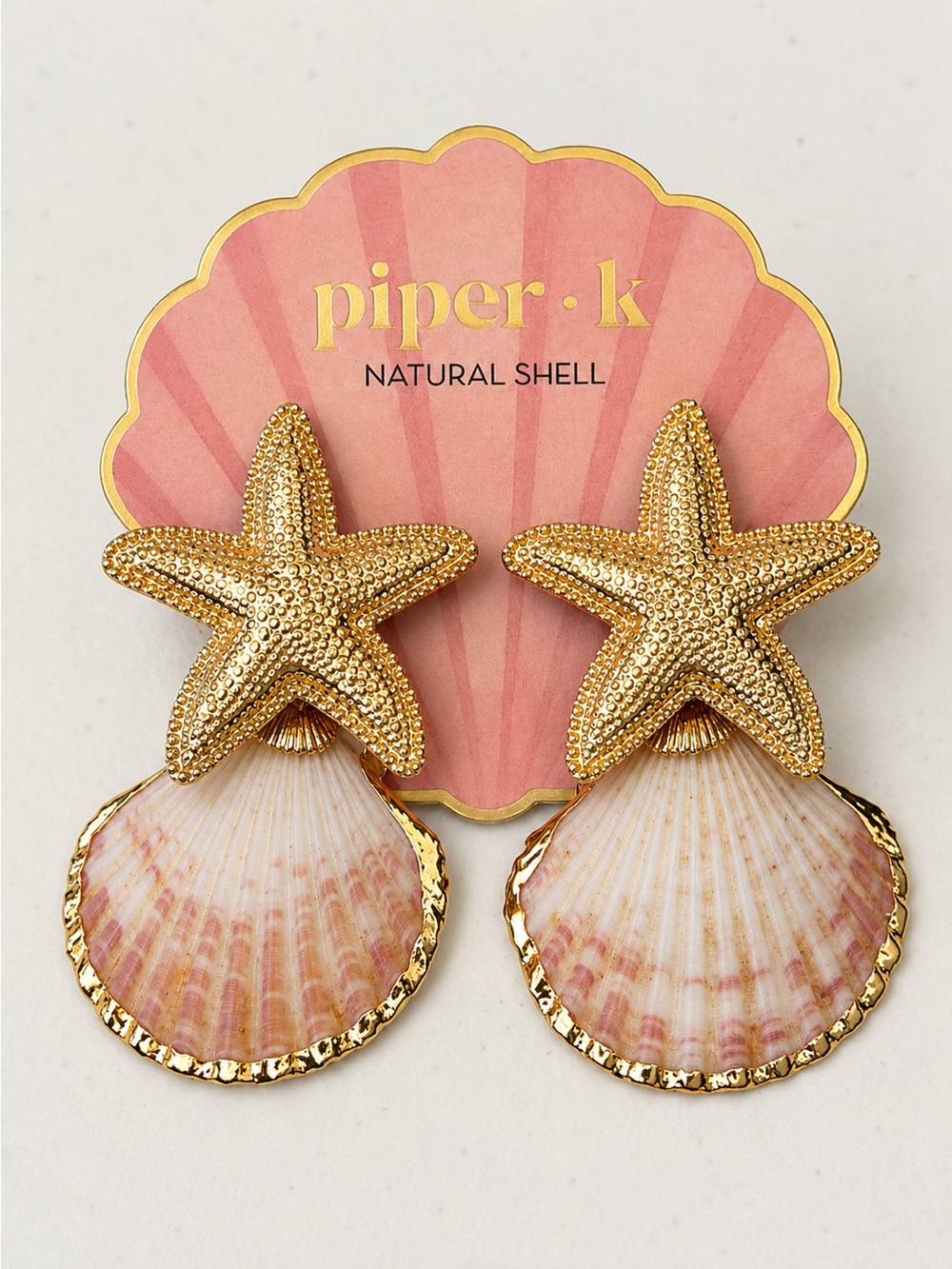piper•k Gold Starfish and Natural Shell Drop Earrings - Gold and Cream
